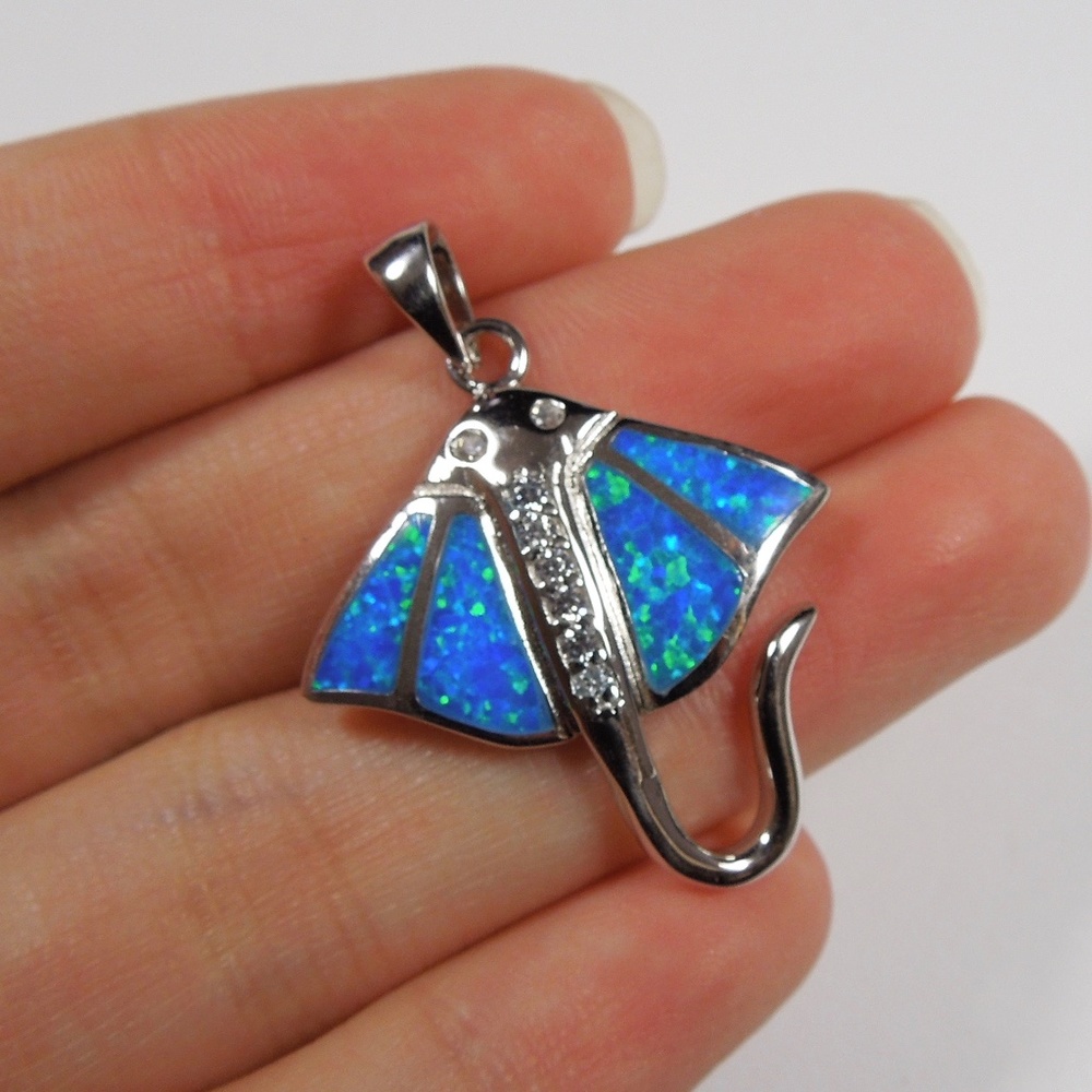 Blue Fire Opal Sterling Silver Stingray Pendant
